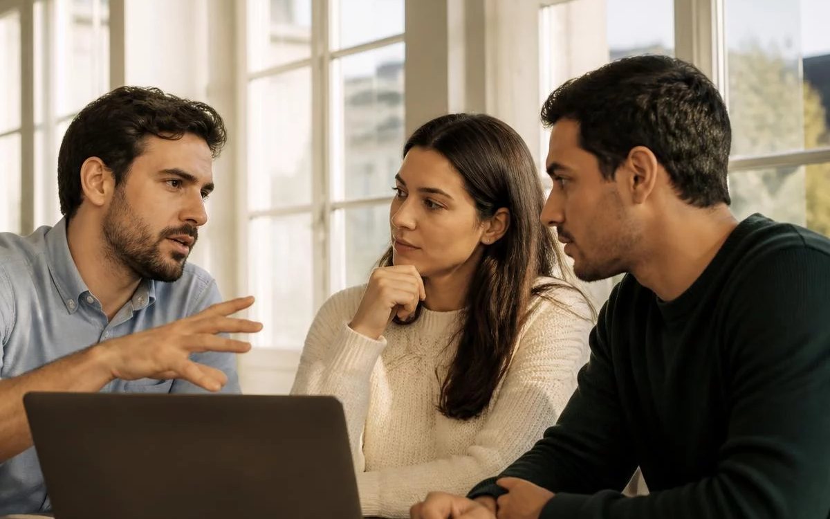 Roda de conversa numa sala clara, com uma pessoa expondo o ponto e duas escutando