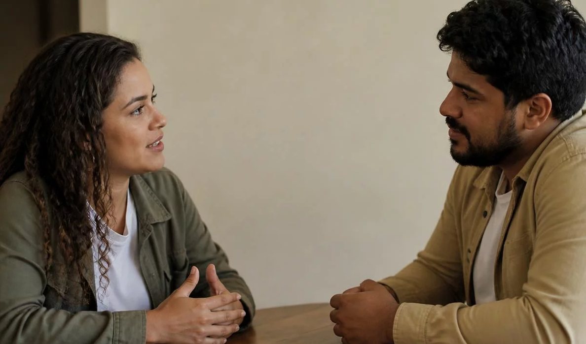 Três participantes conversam ao redor de uma mesa comprida numa sala clara de janelas altas