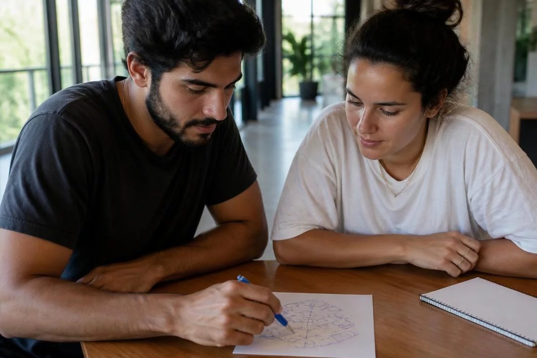 Dois participantes desenham a caneta o encadeamento de um argumento numa folha quadriculada