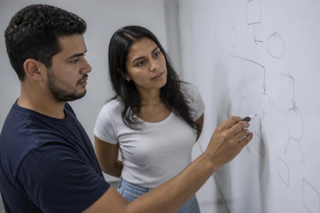 Facilitadora aponta para um mapa de argumento desenhado no quadro branco enquanto um participante acompanha